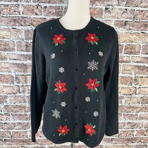 Croft & Barrow Black Christmas Poinsettia Snowflake Cardigan Sweater Women's‎ L
